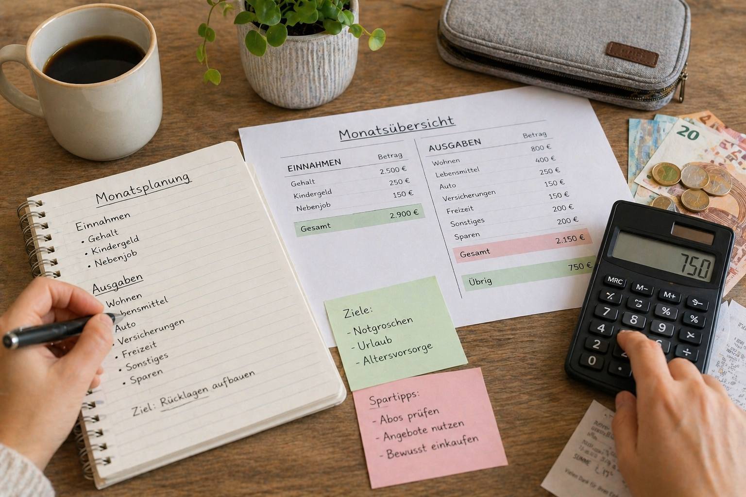 Finanzübersicht mit geordneten Einnahmen und Ausgaben auf Schreibtisch, inklusive Budgetplan, Taschenrechner, Bargeld und Notizen zur privaten Finanzplanung und Haushaltsorganisation.