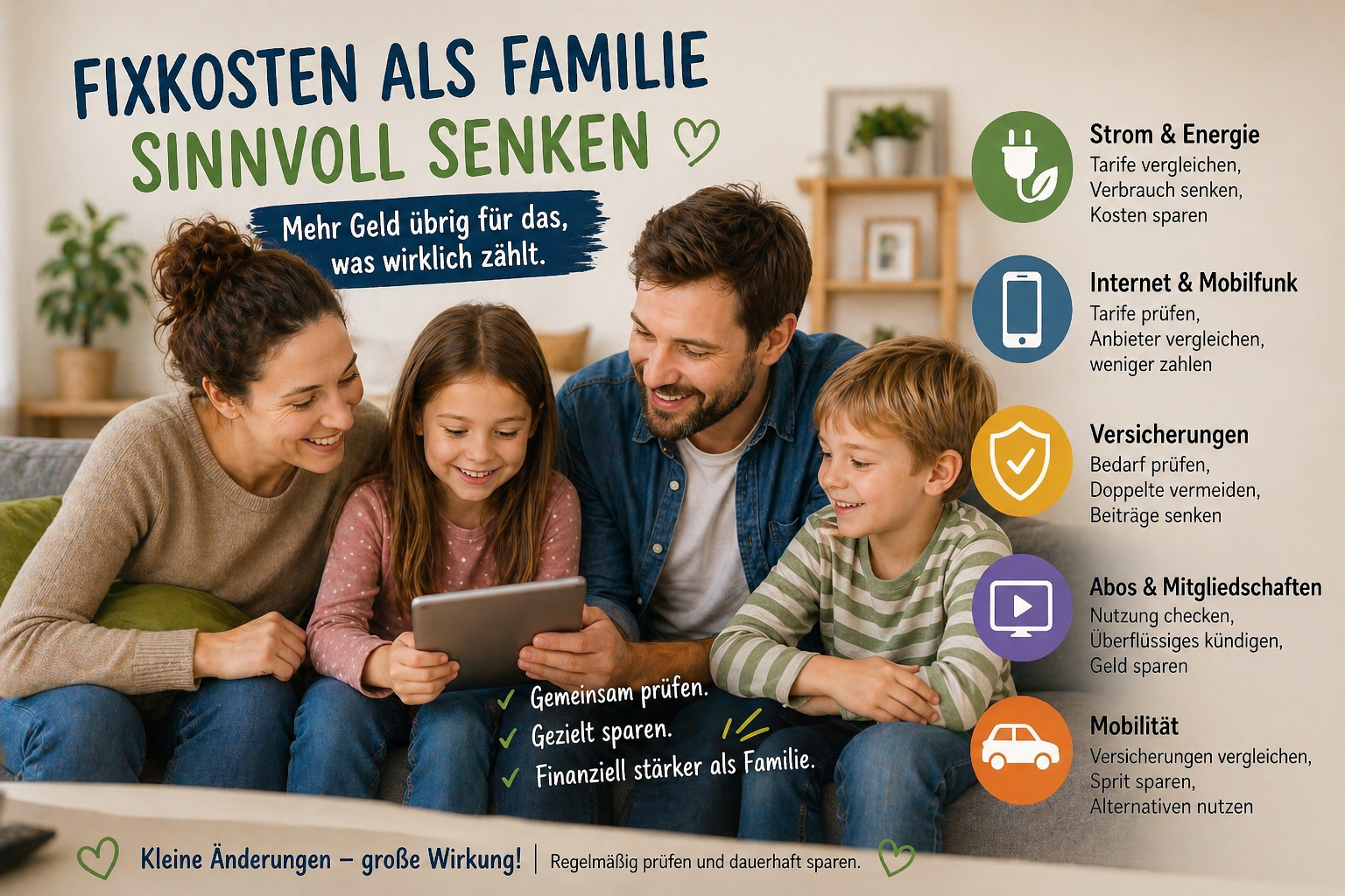 Familie prüft gemeinsam Fixkosten und Spartipps zu Energie, Versicherungen, Abos und Mobilität als Illustration für laufende Kosten senken und Familienbudget optimieren.