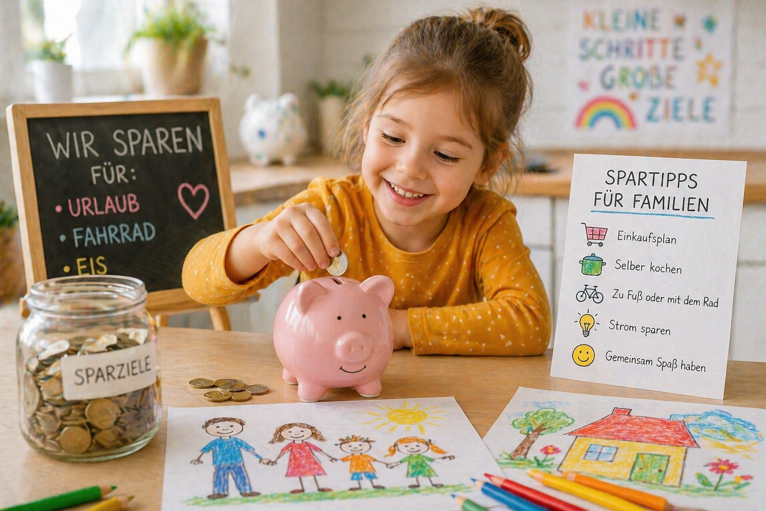 Kindgerechte Illustration eines Mädchens beim Sparen mit Sparschwein, Münzglas und Familien-Spartipps als Symbol für Geld sparen im Alltag mit Kindern.