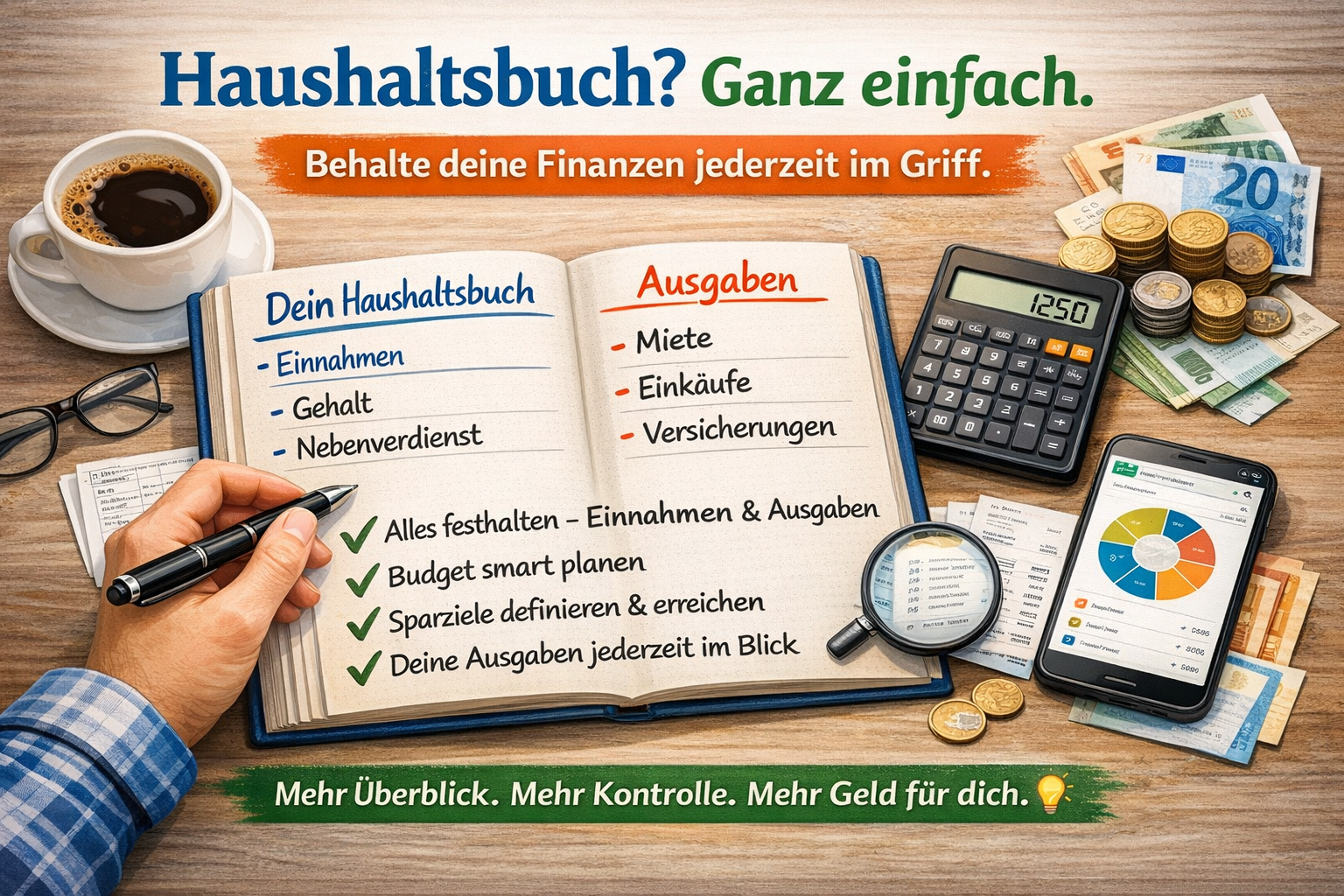 Haushaltsbuch führen leicht gemacht: Aufgeschlagenes Notizbuch mit Einnahmen und Ausgaben (Gehalt, Nebenverdienst, Miete, Einkäufe, Versicherungen) auf einem Tisch, daneben Taschenrechner, Smartphone mit Budget-App und Bargeld; Checkliste zeigt Tipps zur Budgetplanung, Ausgabenkontrolle und zum Geld sparen.
