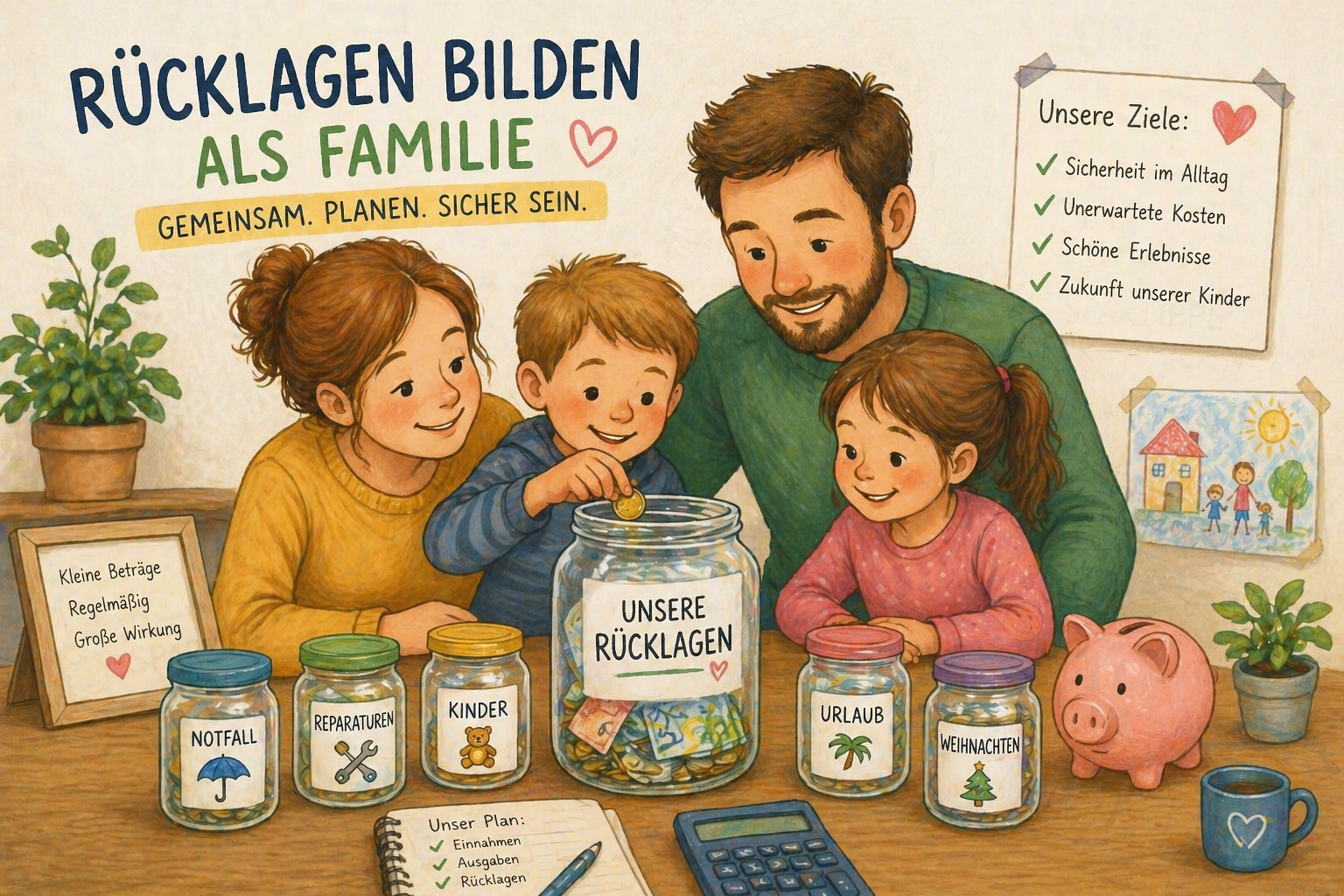 Illustration einer Familie beim gemeinsamen Rücklagen bilden mit Spartöpfen für Notfall, Kinder, Reparaturen und Urlaub als Symbol für finanzielle Sicherheit und Familienvorsorge.