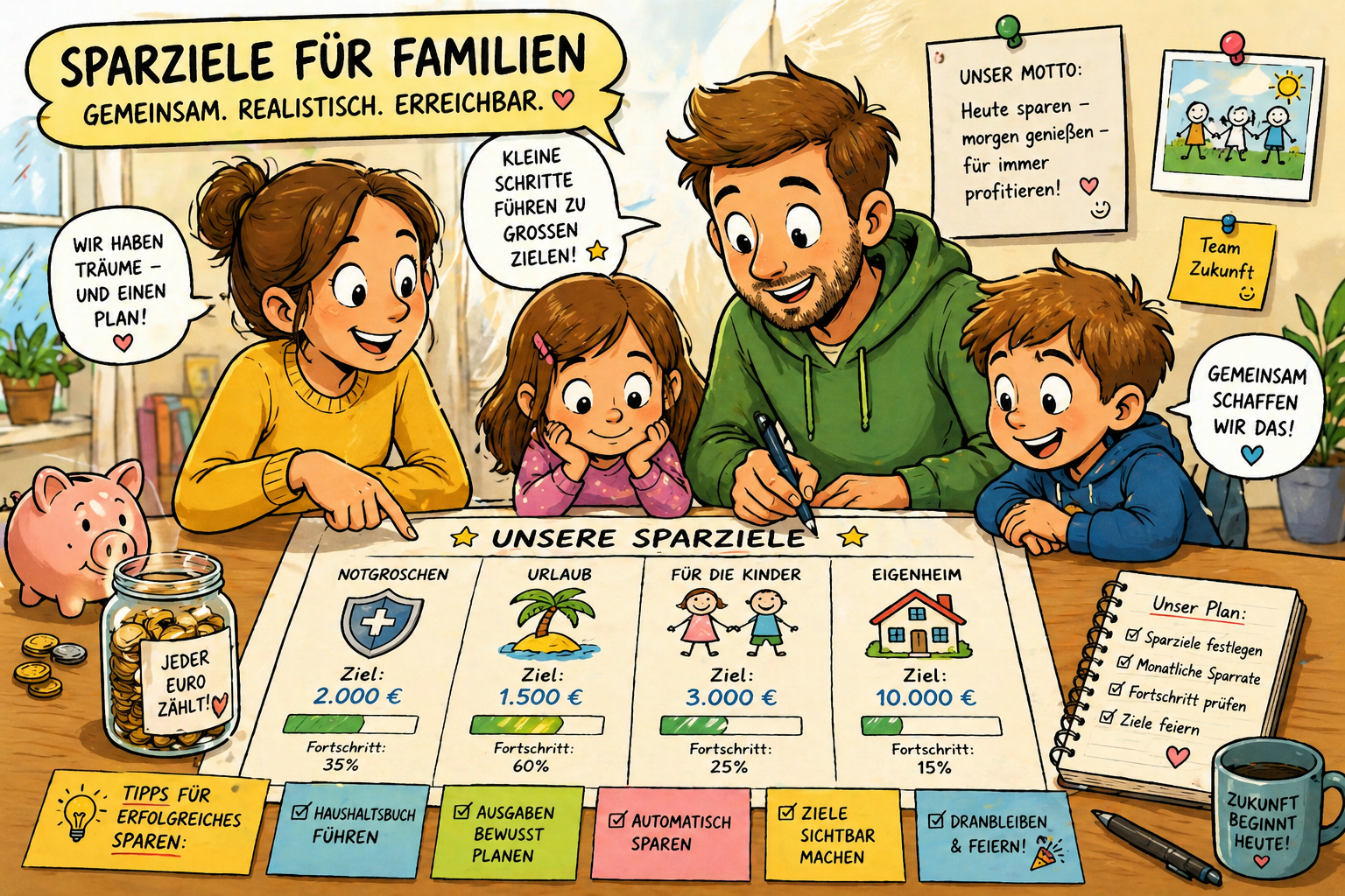 Comic-Illustration einer Familie beim gemeinsamen Planen von Sparzielen am Tisch mit Notgroschen, Urlaub, Kinder-Sparen und Eigenheim als Finanzziele.