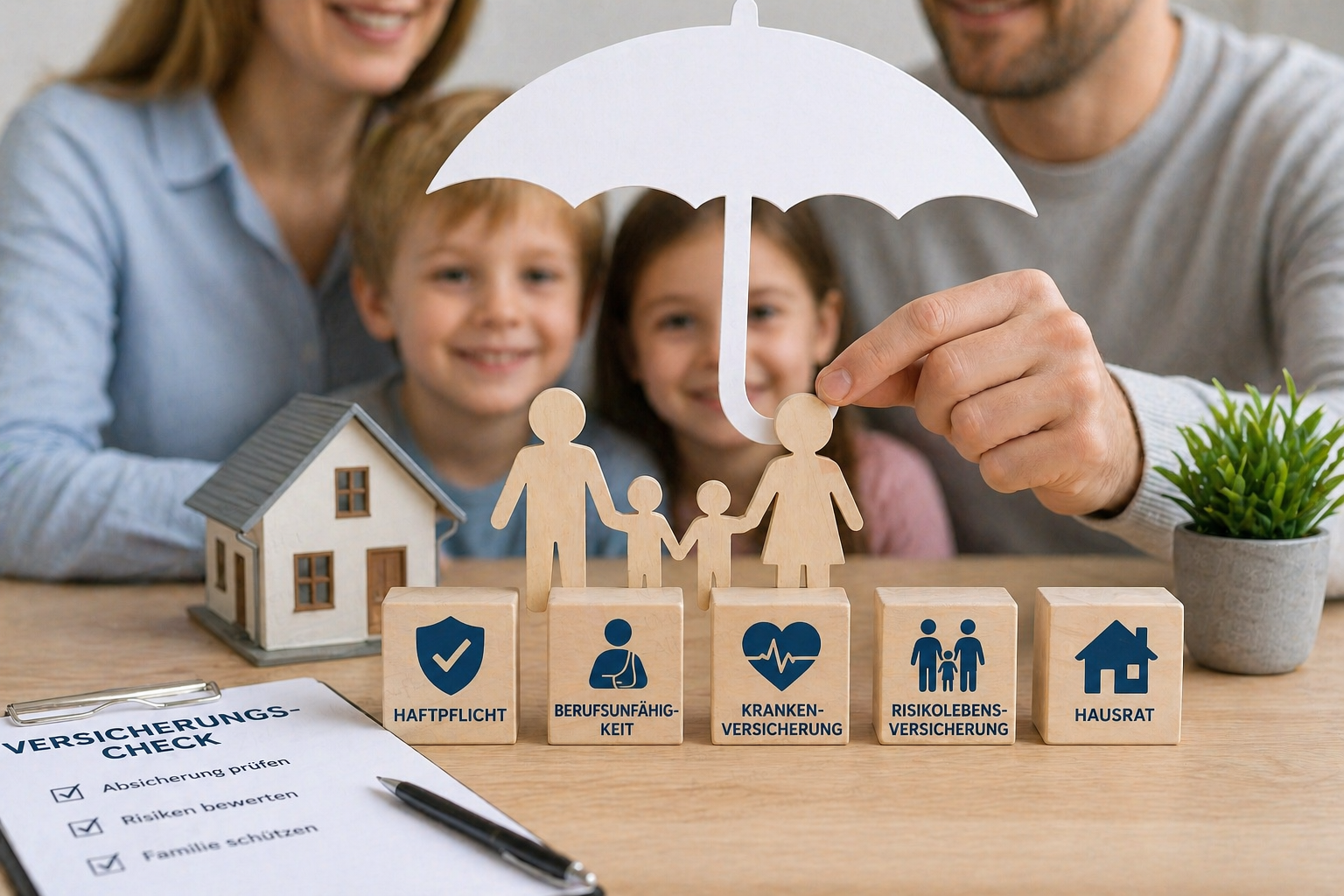 Familie symbolisch unter Schutzschirm mit Hausmodell und Versicherungsbausteinen zu Haftpflicht, Berufsunfähigkeit, Krankenversicherung und Risikoleben als Darstellung sinnvoller Familienversicherungen.