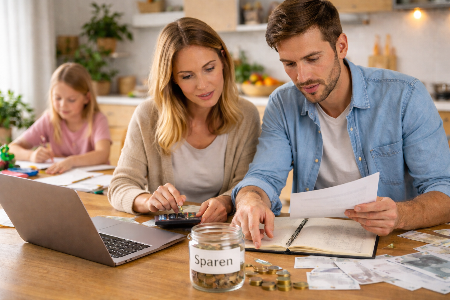 Familie sitzt am Küchentisch und erstellt gemeinsam ein Haushaltsbudget: Eltern prüfen Rechnungen und rechnen mit einem Taschenrechner, während im Hintergrund ein Kind malt; auf dem Tisch liegen Laptop, Notizbuch, Bargeld und ein Sparglas.